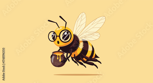 An adorable pixel art bee with glasses flies carrying a pot of honey.