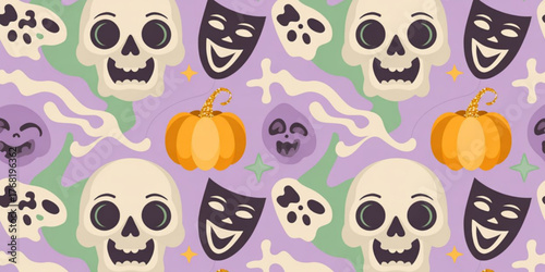 halloween seamless pattern illustration with mask pumpkin skull vector art