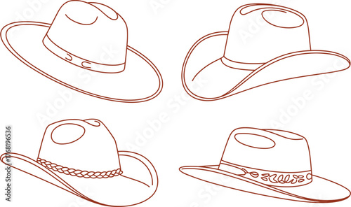 Cowboy hat line art collection — four detailed western hat outlines for coloring, design, and vector illustration projects