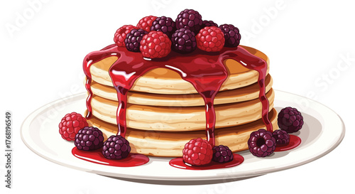 Fluffy pancakes topped with a sweet berry syrup and fresh raspberries.