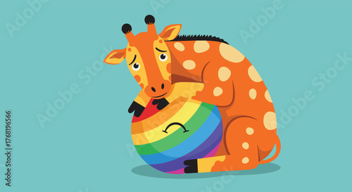 A sad giraffe is hugging a happy rainbow ball.