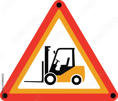 Warning sign depicting a forklift truck inside a red and yellow triangle border