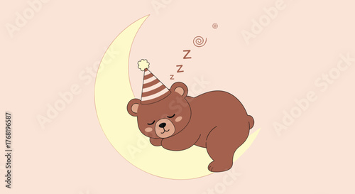 Cute teddy bear sleeping soundly on a crescent moon wearing a party hat.