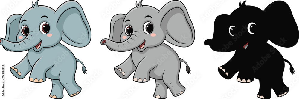 Fototapeta premium Cute cartoon baby elephant illustration set with color and silhouette versions, adorable animal design, playful wildlife character art for children