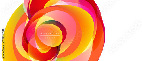 Abstract colorful layers create dynamic floral shape. Vibrant orange, pink, yellow hues blend seamlessly. Modern design element.