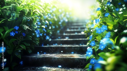 Sunlit stone stairs are bordered by flourishing green foliage and vibrant blue flowers around them