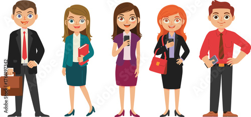 Business professionals cartoon characters, diverse office team illustration, corporate attire, workplace diversity, business people clipart, teamwork concept, flat design