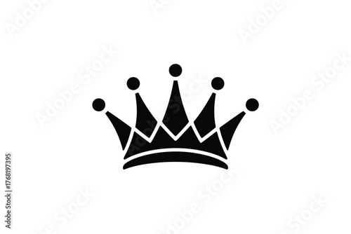 Isolated black crown with five points and circular tops on a white background