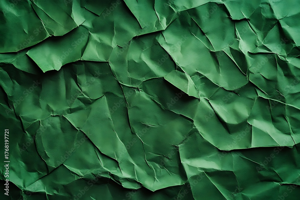 Fototapeta premium The emerald green crumpled paper forms an abstract pattern with sharp edges and shadows