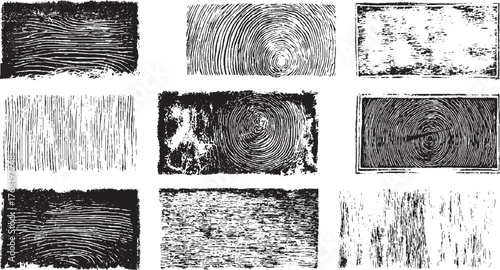 Collection of nine black and white textured patterns including woodgrain and circular wood slices