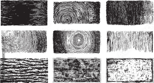 Collection of nine black and white abstract textured patterns resembling wood grain and fingerprints.