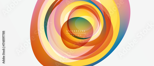 Abstract colorful layers create dynamic circular pattern. Bright gradients, smooth transitions, modern design element.