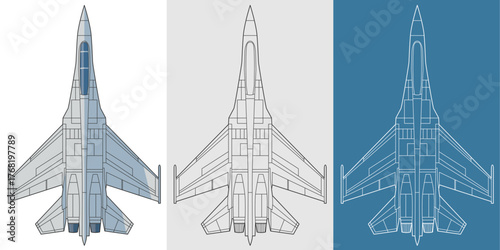 Set shenyang J16 military aircraft design in blueprint, lineart and colored style from top view. Vector illustrations colorful fourth gen fighter jet. China 4.5 generation warplane.