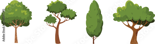 Cartoon tree illustration set, whimsical forest elements, colorful foliage, educational nature graphics, seasonal landscape icons, playful greenery clipart, stock design