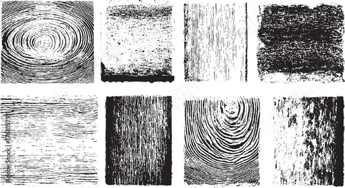 Eight abstract black and white textures including wood grain and fingerprint patterns.