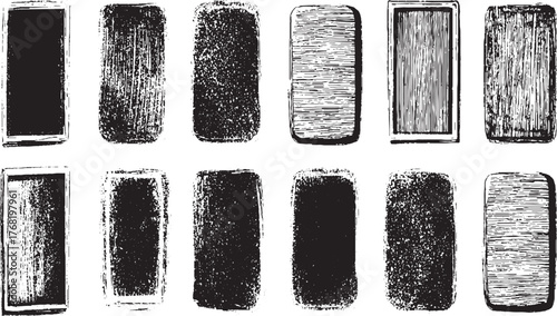 Collection of black rectangular shapes with various textured borders and fill patterns on a white background.