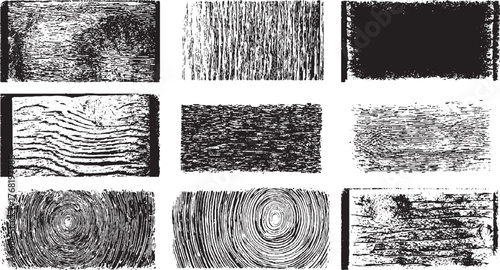 Black and white abstract textures depicting various wood grain patterns and tree rings.
