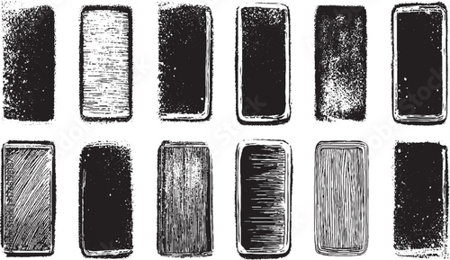 Collection of twelve black rectangular shapes with varied textured borders on a white background.