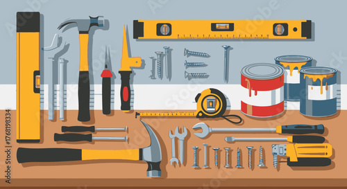 Assorted Handyman Tools and Supplies Arranged on a Surface