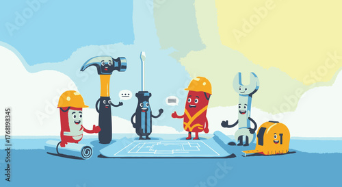A team of cartoon construction tool characters collaborating over a blueprint.