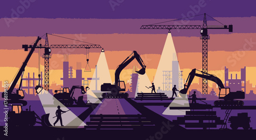 Busy Construction Site with Heavy Machinery and Workers Silhouettes at Dusk