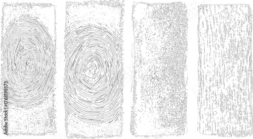 Abstract black and white graphic with swirling concentric lines and scattered dots forming patterns.