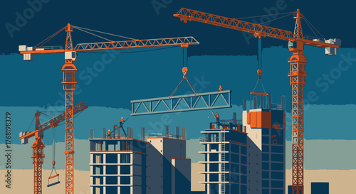 Busy construction site with multiple tower cranes lifting steel beams for new buildings, illustrating urban development.