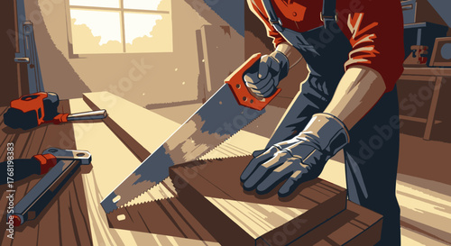 Carpenter Using Saw to Cut Wood in Workshop