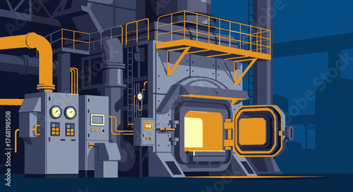 Industrial Furnace with Open Glowing Door and Control Panels