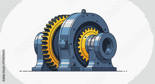 Industrial Gearbox Mechanism with Yellow Cogs and Blue Casing