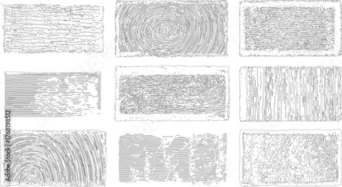 Nine abstract black and white line art patterns with varied textures and designs.