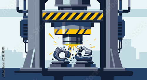 Industrial hydraulic press crushing metal components with sparks