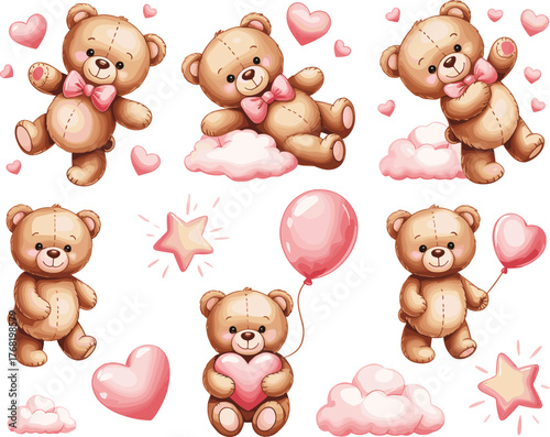 Cute teddy bear illustration set with pink hearts, balloons, clouds, and stars, adorable cartoon design for children and nursery decor