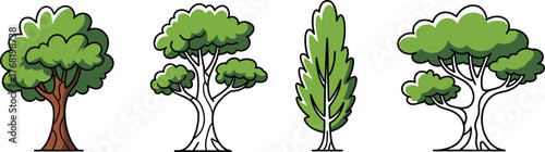 Cartoon tree illustrations, whimsical forest design, colorful foliage, educational nature graphics, seasonal greenery, playful landscape elements, vector tree set, isolated