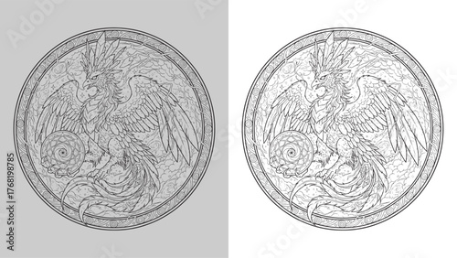 Majestic Phoenix Fire Bird Holding Mystical Celestial Orb in Intricate Mandala Frame Vector
