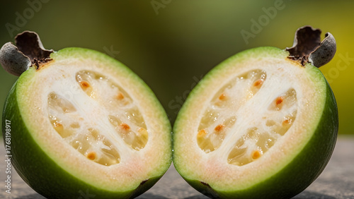 Fresh Feijoa Fruit Halves Displaying Juicy Interior, with Blurred Background