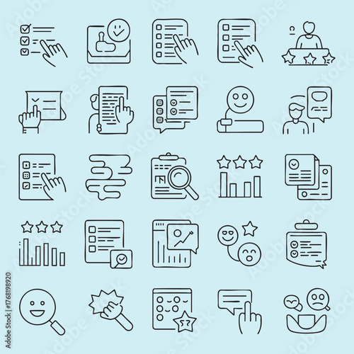 Collection of hand drawn line icons depicting surveys feedback and ratings checklist