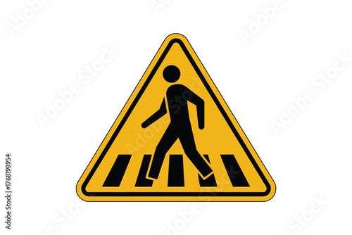 Yellow triangular road sign showing a pedestrian crossing with a black figure