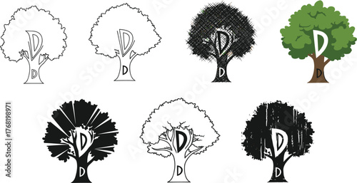 Stylized tree vector illustration set with creative DA logo integration, abstract nature designs, silhouette variations, textured line art, eco friendly concept
