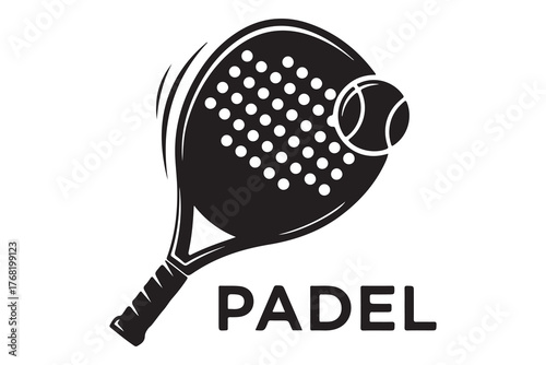 Black silhouette of a padel tennis racket hitting a ball isolated on white background