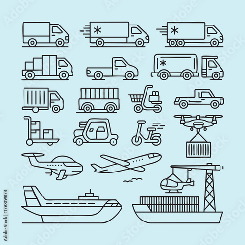 Collection of line art icons depicting various modes of transport and logistics delivery truck