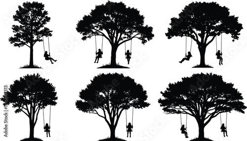 Black tree silhouettes with swings vector illustration set, children playing artwork, nostalgic nature design, decorative forest elements, seasonal foliage collection for creative projects