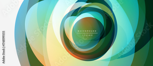 Abstract swirling layers create dynamic visual effect. Colors blend, forming circular pattern with text overlay. Modern design element.