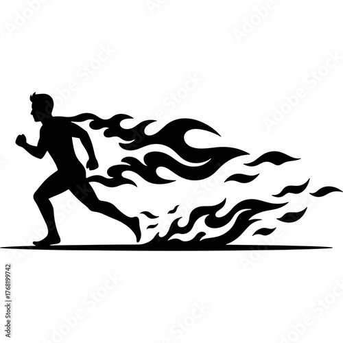 Silhouette of a man running with a flame. Symbol of inspiration, strength and indomitable spirit. Isolated black vector graphic on white background. Conceptual image of a sprinter or athlete.