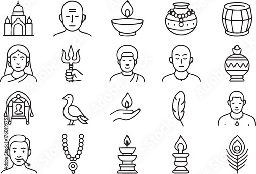 Indian culture line art isolated on white background featuring temples, people, lamps, pots, drums, tridents, birds, feathers, beads, and peacock feathers