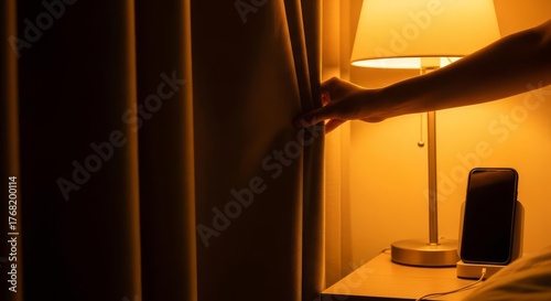 Hand pulling back a dark curtain to reveal a warm bedside lamp.