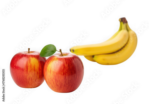 Two red apples and a bunch of bananas isolated on transparent background
