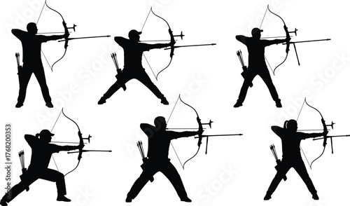 Archer silhouette set, bow and arrow poses, black vector illustration, shooting stance variations, combat posture, traditional archery, quiver gear detail