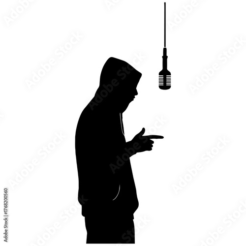 A Artist silhouette with mic hanging upside down – modern trap vibe vector with white background 