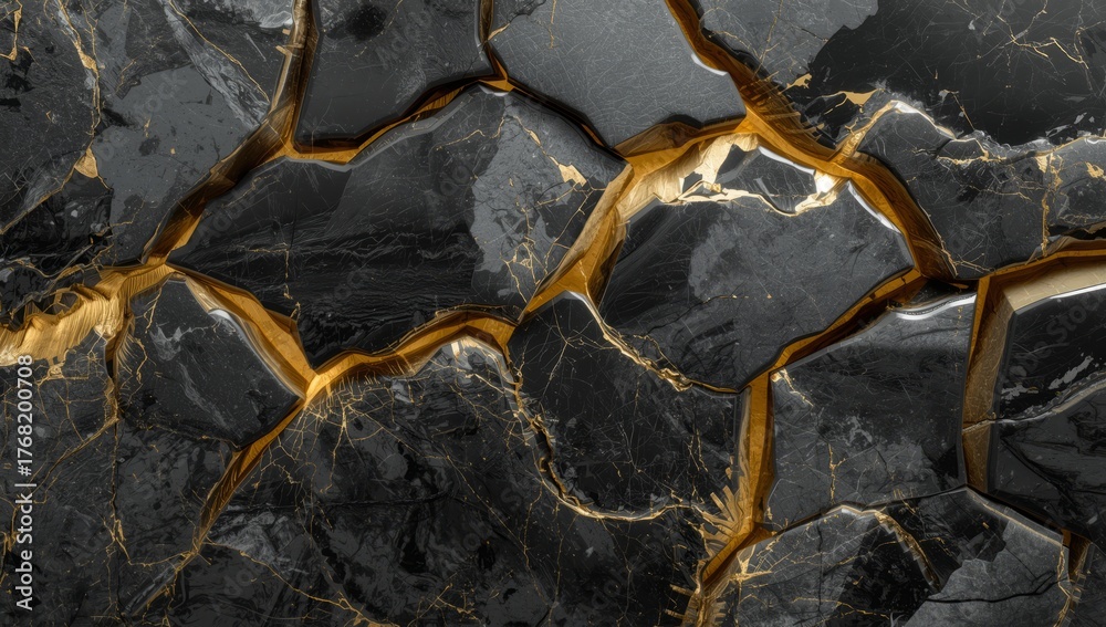 Fototapeta premium Close up of black and gold marble texture with intricate vein patterns visible